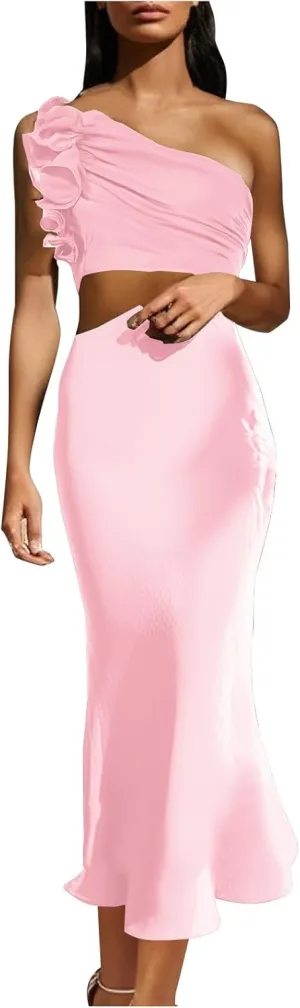 Women's Sexy Ruffle Sleeveless One Shoulder Bodycon Dresses Classy Pencil Curvy Party Evening Long Formal Dress Cocktail Gown