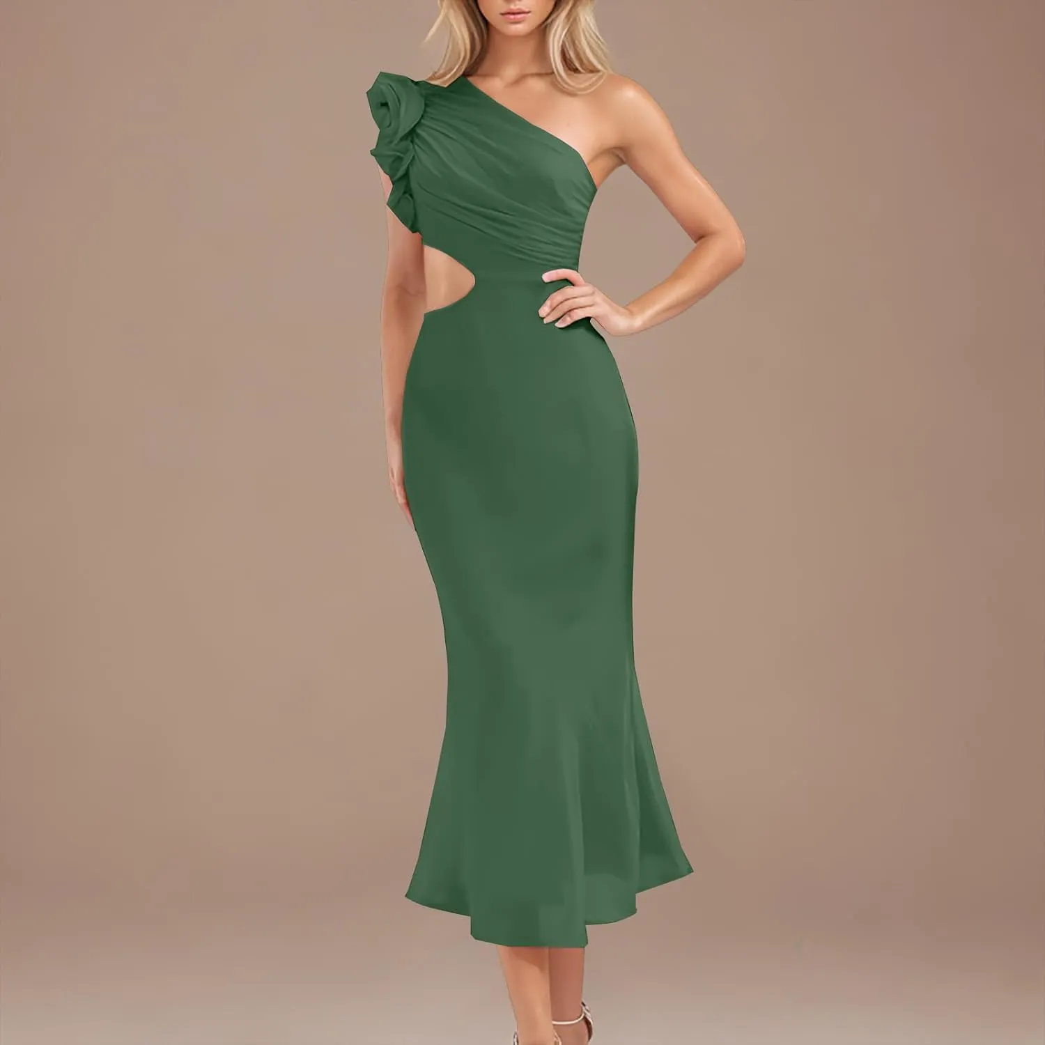Women's Sexy Ruffle Sleeveless One Shoulder Bodycon Dresses Classy Pencil Curvy Party Evening Long Formal Dress Cocktail Gown