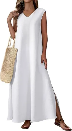 Women's Sexy Sleeveless V-Neck Side Split Dresses Loose Tank Long Dress Beach Vacation Wrinkle-Free Maxi Dresses