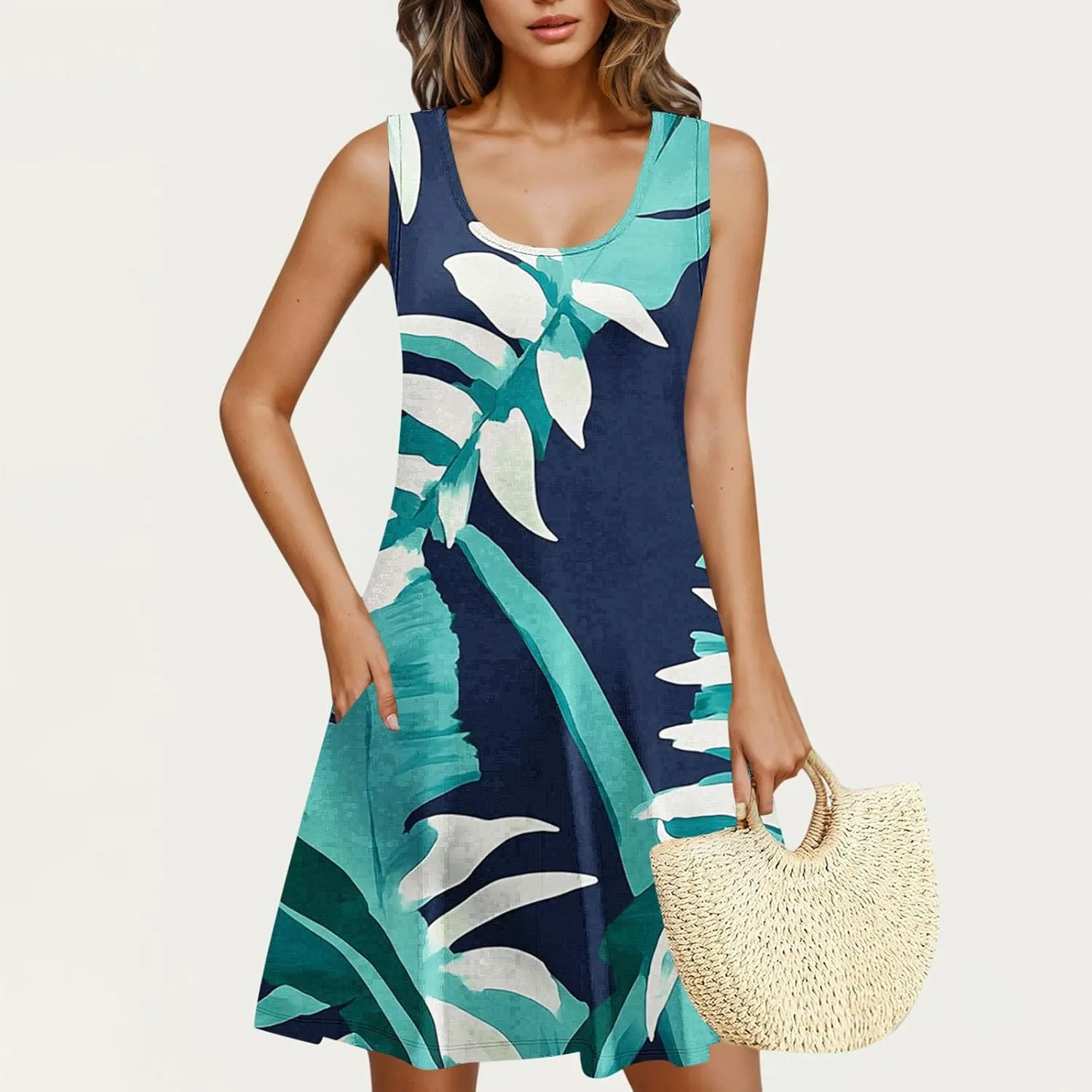 Women's Sleeveless Beach Dresses Loose Swimsuit Cover Ups Vacation Dresses Floral Flowy Mini Dress Trendy Dresses