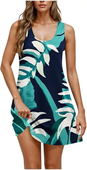 Women's Sleeveless Beach Dresses Loose Swimsuit Cover Ups Vacation Dresses Floral Flowy Mini Dress Trendy Dresses