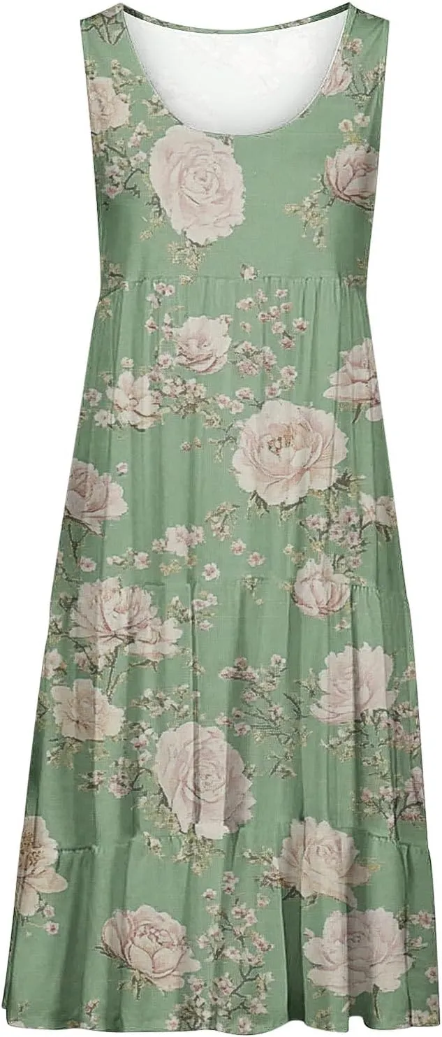 Women's Sleeveless Beach Dresses Loose Swimsuit Cover Ups Vacation Dresses Floral Swing Mini Dress Flowy Dresses