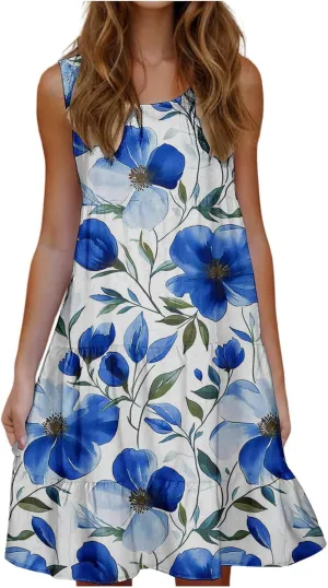 Womens Sleeveless Beach Dresses Loose Swimsuit Cover Ups Vacation Dresses Floral Swing Mini Dress Flowy Dresses