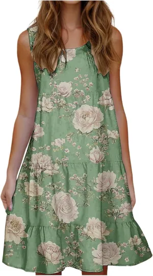 Women's Sleeveless Beach Dresses Loose Swimsuit Cover Ups Vacation Dresses Floral Swing Mini Dress Flowy Dresses