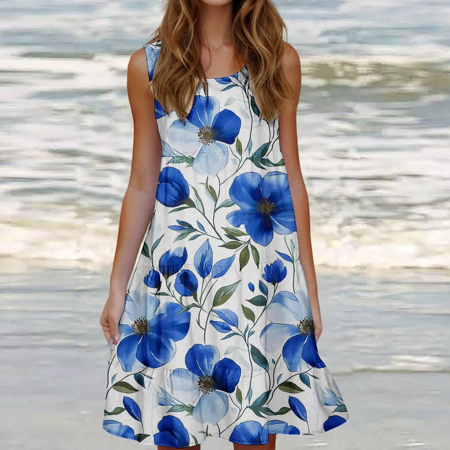 Womens Sleeveless Beach Dresses Loose Swimsuit Cover Ups Vacation Dresses Floral Swing Mini Dress Flowy Dresses