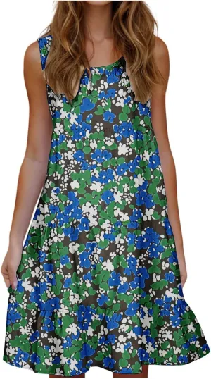 Women's Sleeveless Beach Dresses Loose Swimsuit Cover Ups Vacation Dresses Floral Swing Mini Dress Flowy Dresses