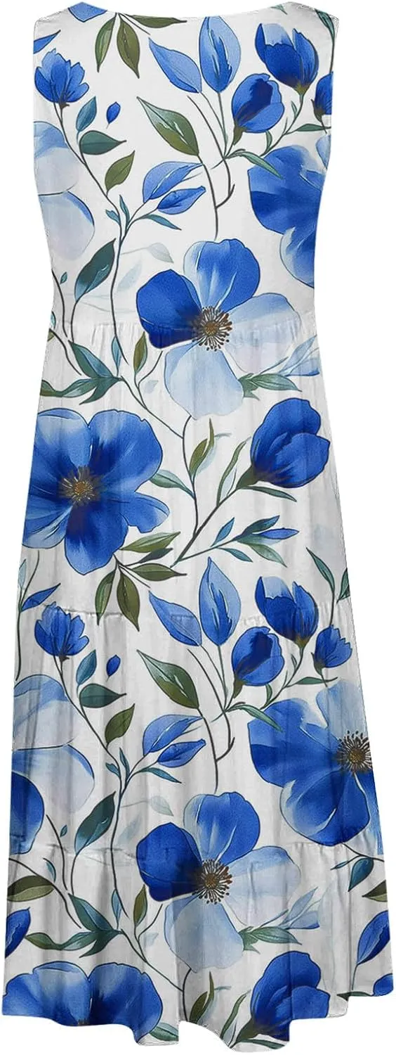 Womens Sleeveless Beach Dresses Loose Swimsuit Cover Ups Vacation Dresses Floral Swing Mini Dress Flowy Dresses