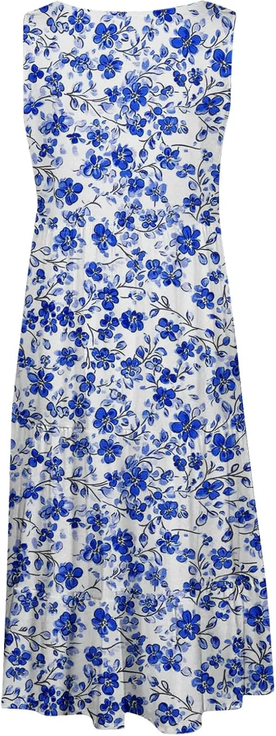Womens Sleeveless Beach Dresses Loose Swimsuit Cover Ups Vacation Dresses Floral Swing Mini Dress Flowy Dresses