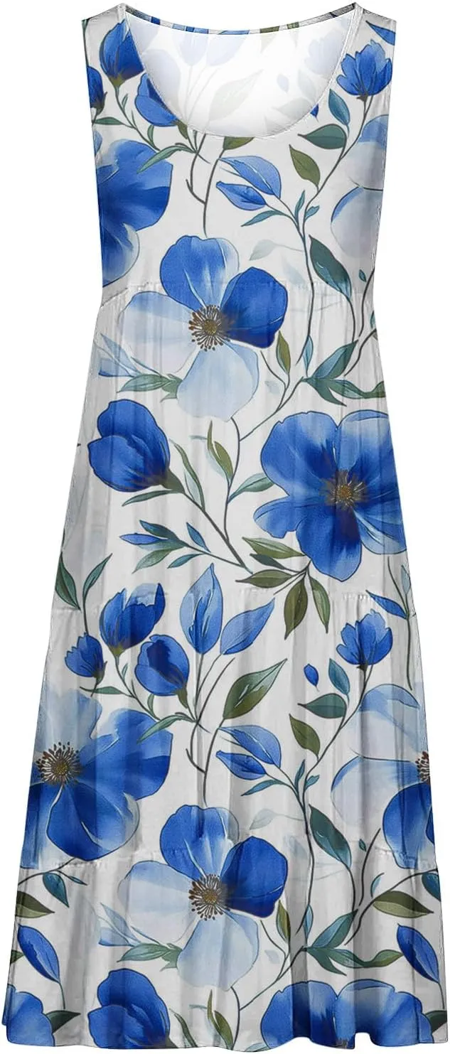 Womens Sleeveless Beach Dresses Loose Swimsuit Cover Ups Vacation Dresses Floral Swing Mini Dress Flowy Dresses