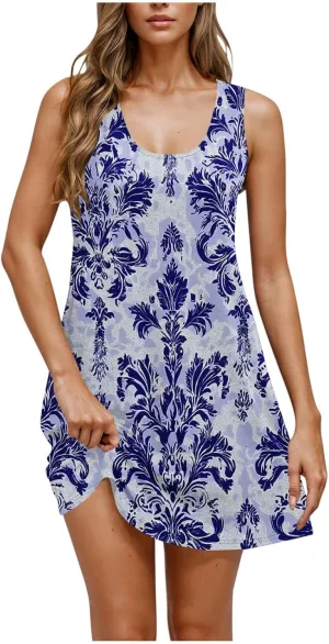 Women's Sleeveless Beach Dresses Trendy Swimsuit Cover Ups Vacation Dresses Floral Flowy Mini Dress Swing Dresses