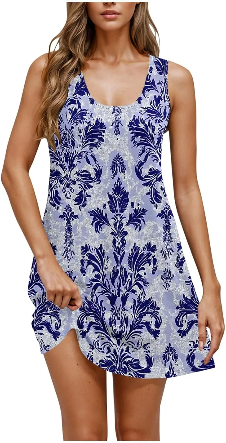 Women's Sleeveless Beach Dresses Trendy Swimsuit Cover Ups Vacation Dresses Floral Flowy Mini Dress Swing Dresses