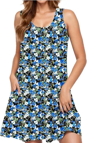 Womens Sleeveless Beach Dresses Trendy Swimsuit Cover Ups Vacation Dresses Floral Swing Mini Dress Flowy Dresses