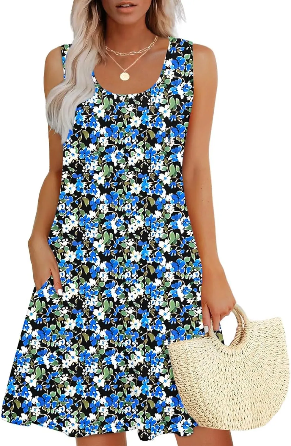 Womens Sleeveless Beach Dresses Trendy Swimsuit Cover Ups Vacation Dresses Floral Swing Mini Dress Flowy Dresses