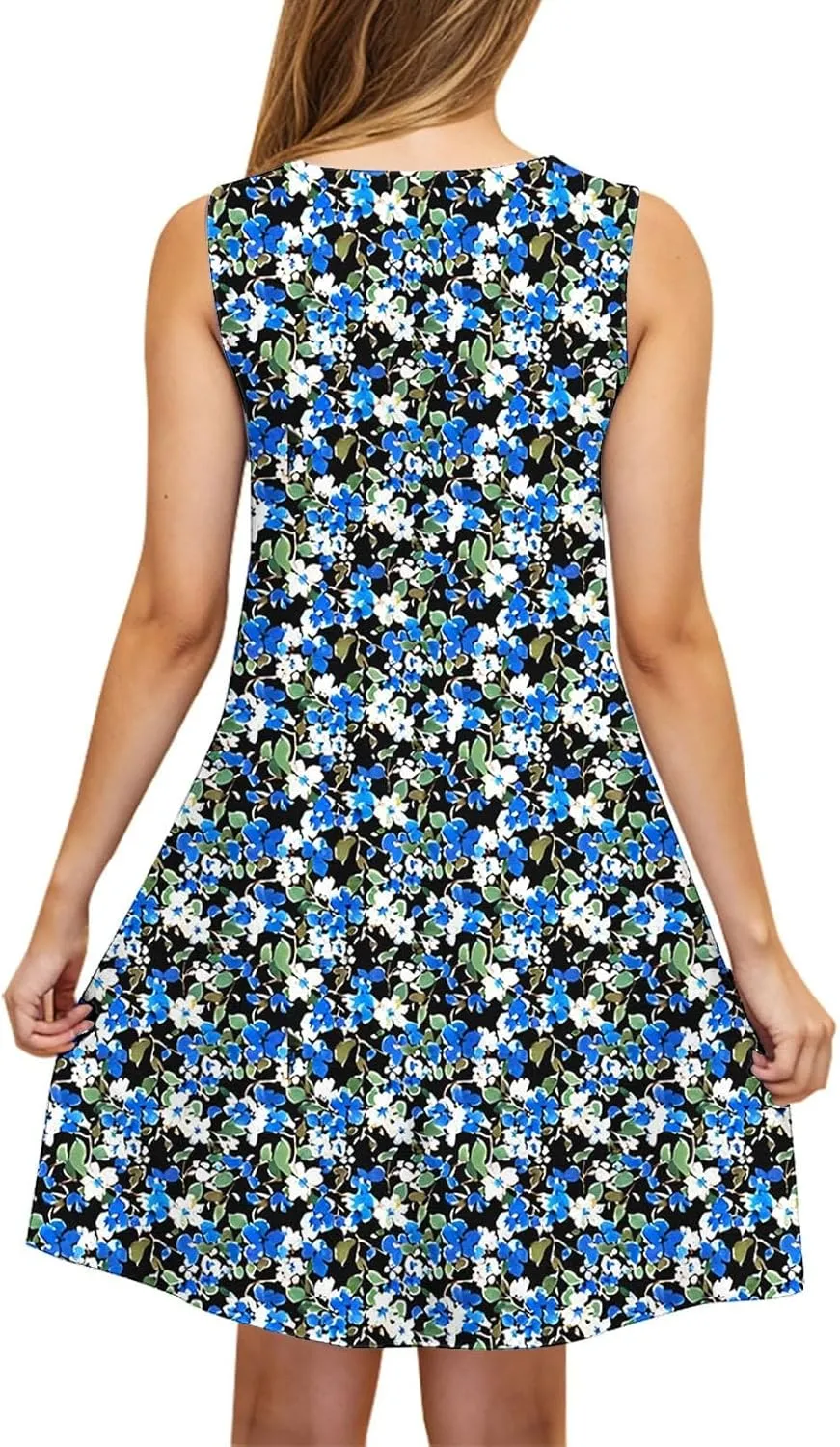 Womens Sleeveless Beach Dresses Trendy Swimsuit Cover Ups Vacation Dresses Floral Swing Mini Dress Flowy Dresses