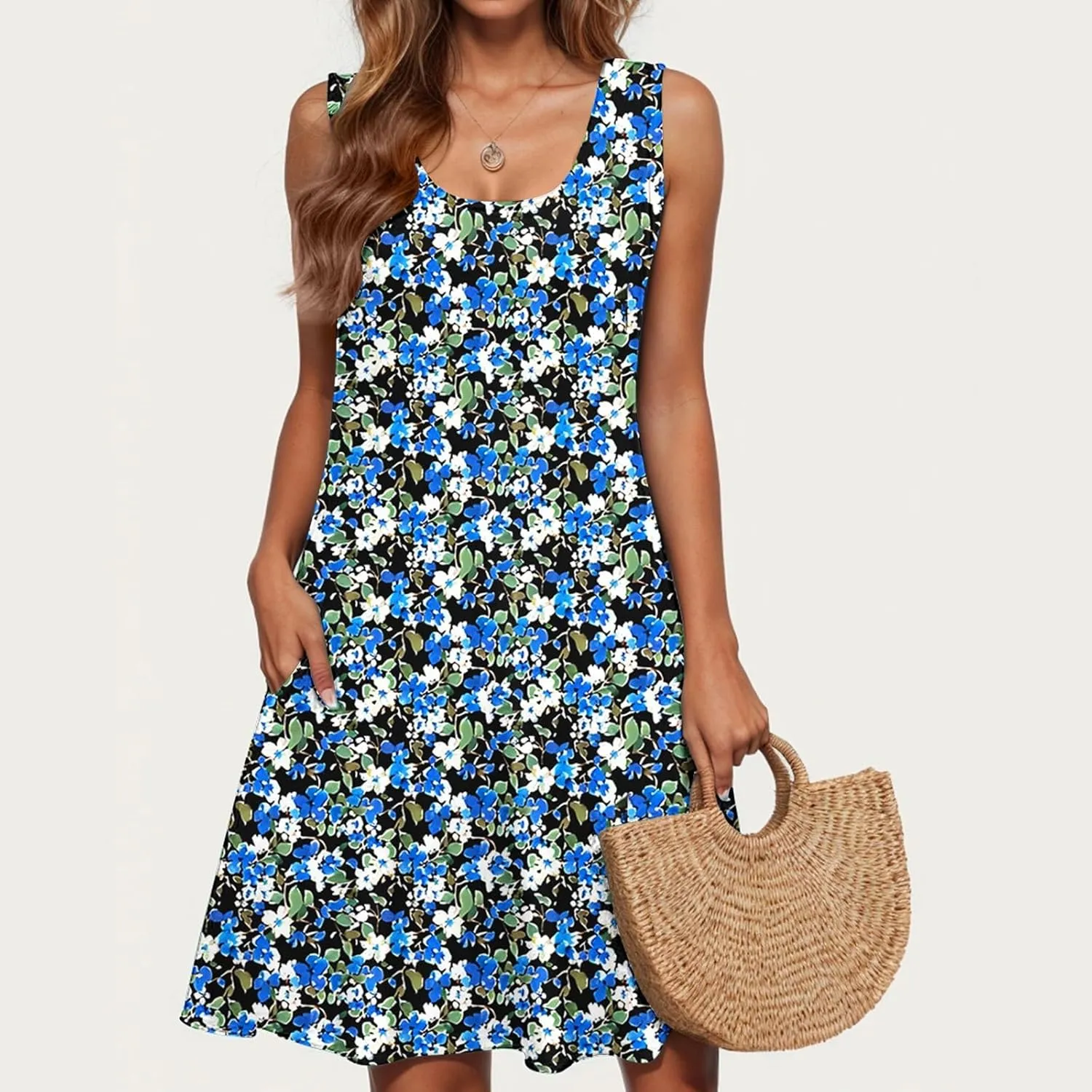 Womens Sleeveless Beach Dresses Trendy Swimsuit Cover Ups Vacation Dresses Floral Swing Mini Dress Flowy Dresses