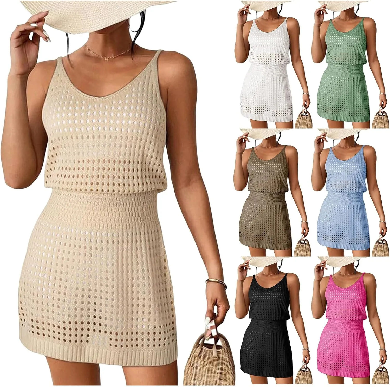 Women's Sleeveless Crochet Swimsuit Cover Up Hollow Out Knit Beach Bathing Suit Summer Dresses Vacation Cruise Outfits