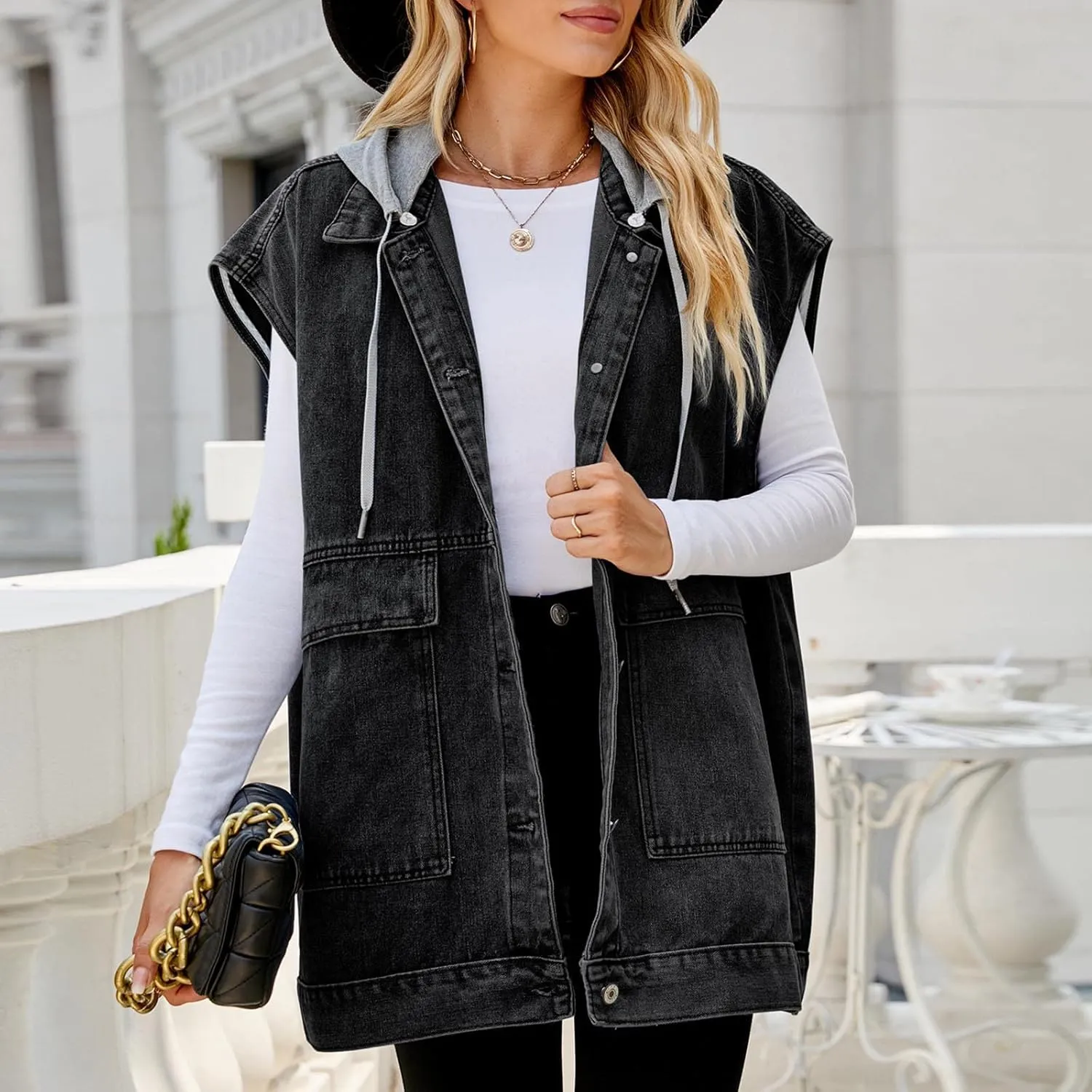 Women’s Sleeveless Hooded Denim Jacket Hoodie Casual Oversized Button Mid-Long Casual Denim Vest With Detachable Hood