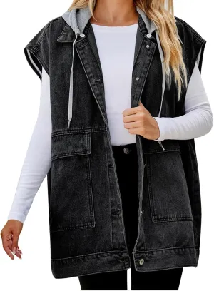 Women’s Sleeveless Hooded Denim Jacket Hoodie Casual Oversized Button Mid-Long Casual Denim Vest With Detachable Hood