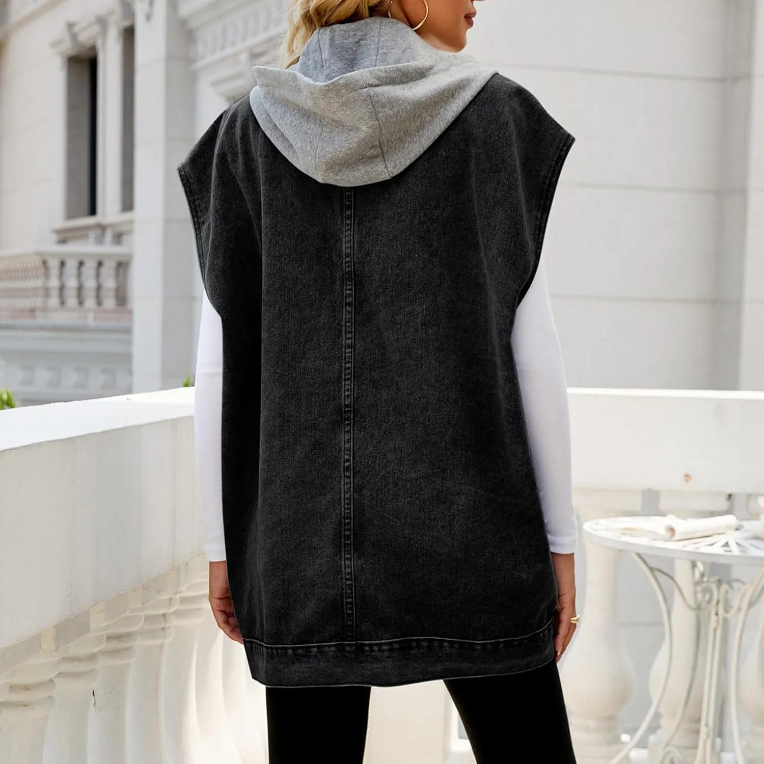 Women’s Sleeveless Hooded Denim Jacket Hoodie Casual Oversized Button Mid-Long Casual Denim Vest With Detachable Hood
