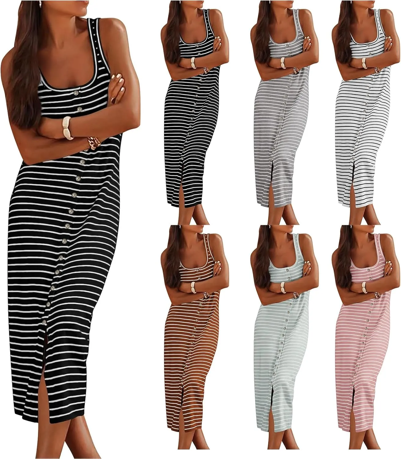 Women's Sleeveless Striped Dress Summer Casual Jumper Dresses U Neck Bodycon Dresses Fashion Trendy Outfits