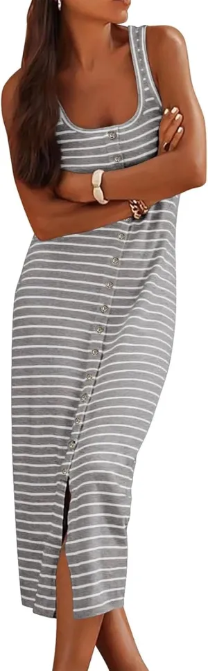 Women's Sleeveless Striped Dress Summer Casual Jumper Dresses U Neck Bodycon Dresses Fashion Trendy Outfits