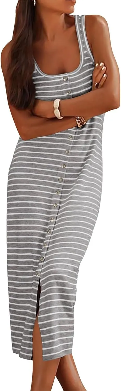 Women's Sleeveless Striped Dress Summer Casual Jumper Dresses U Neck Bodycon Dresses Fashion Trendy Outfits