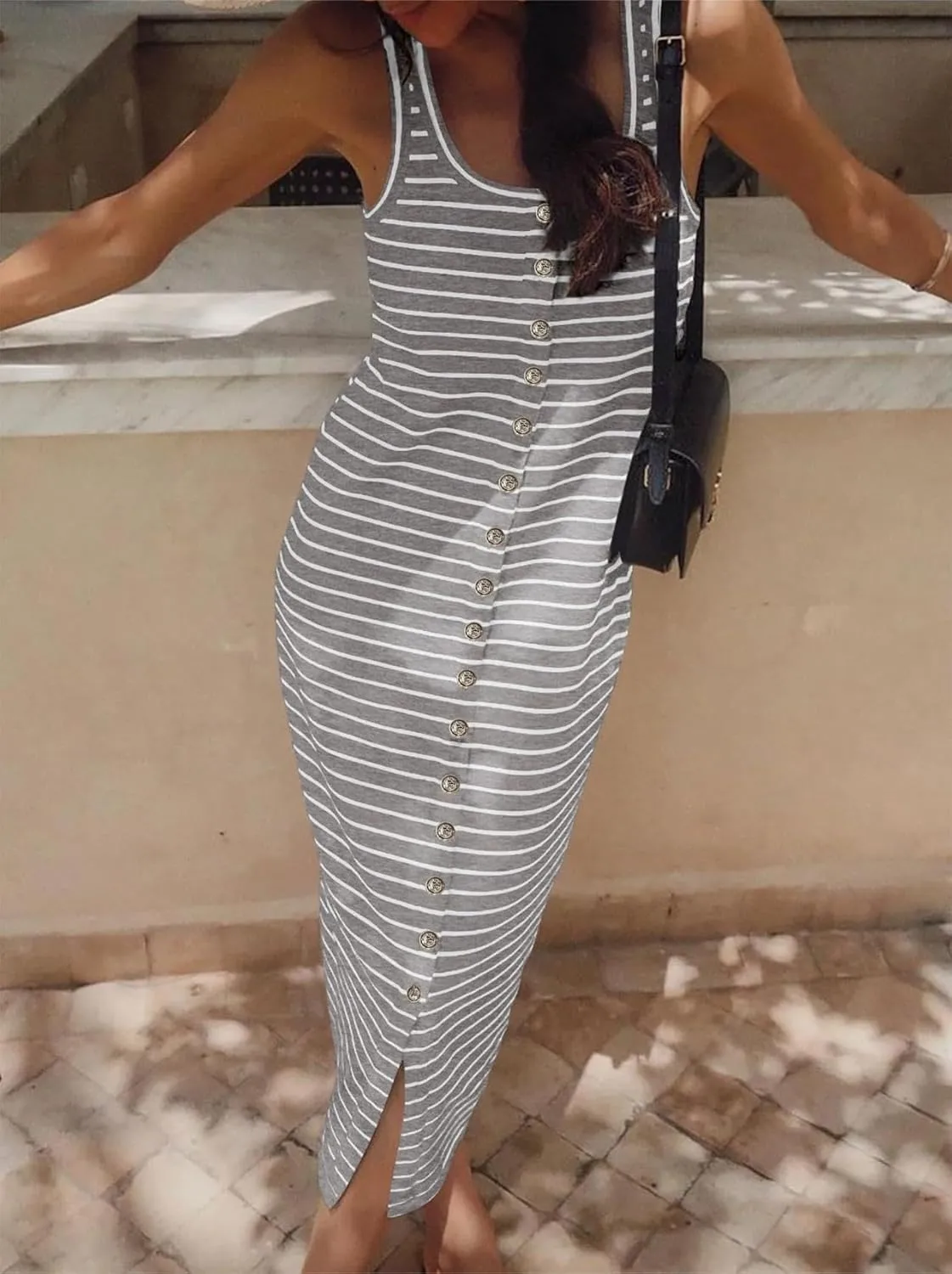 Women's Sleeveless Striped Dress Summer Casual Jumper Dresses U Neck Bodycon Dresses Fashion Trendy Outfits