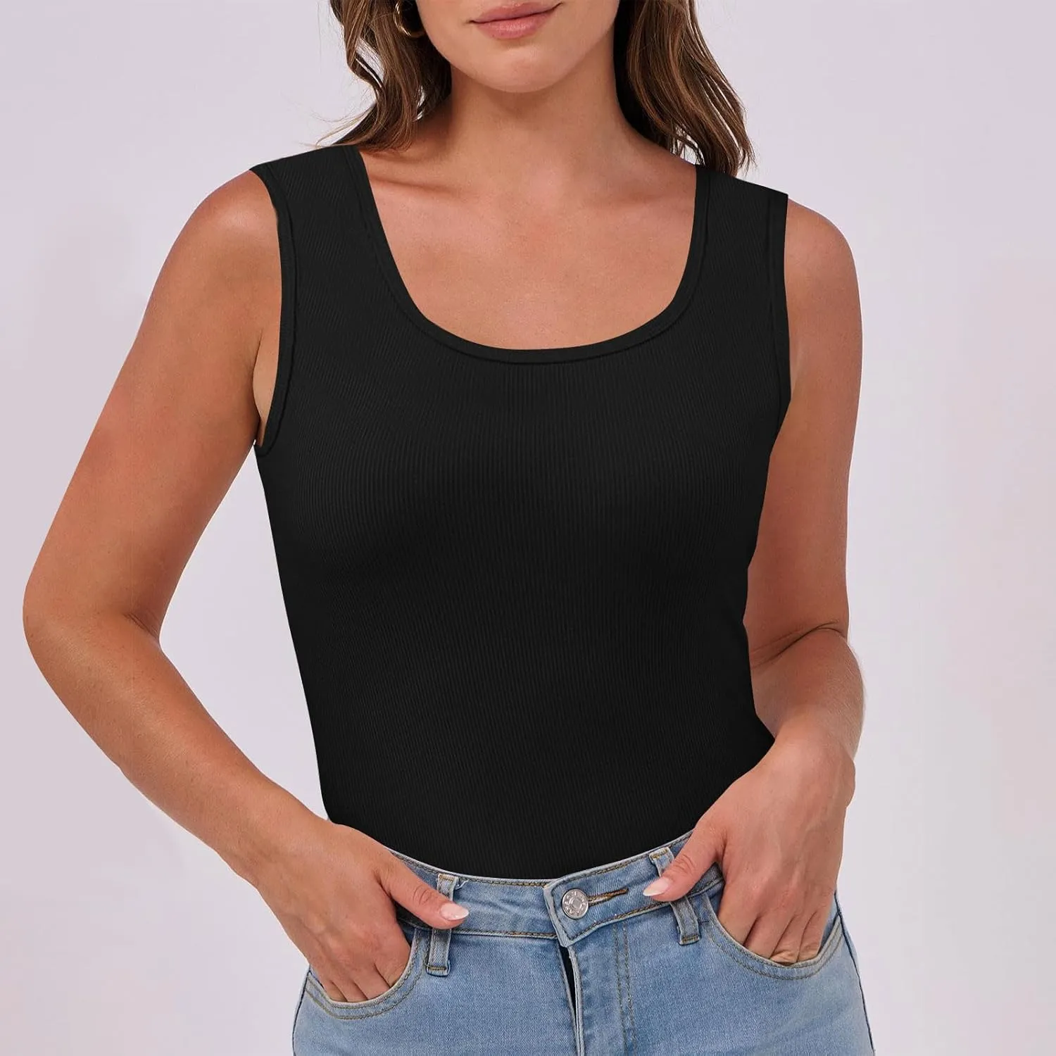 Women's Sleeveless Tank Tops Square Neck Ribbed Knit Tanks Slim Fit Basic Cami Shirts Workout Exercise Clothes