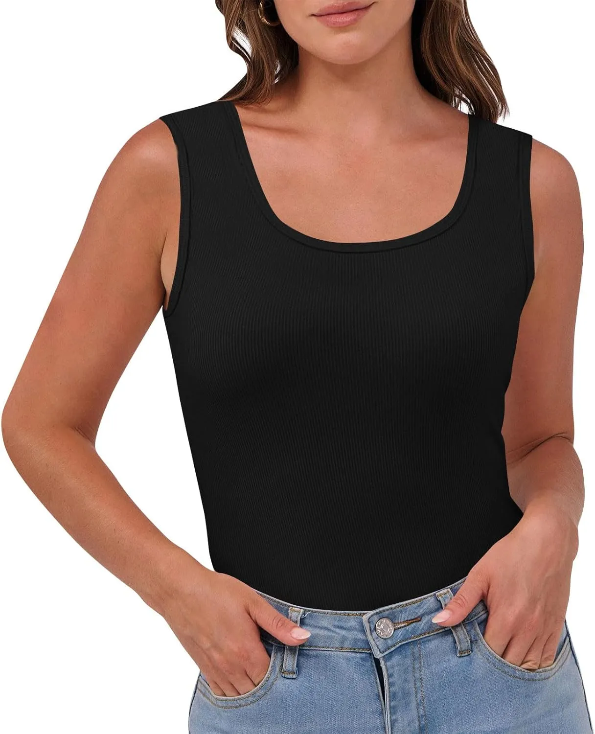 Women's Sleeveless Tank Tops Square Neck Ribbed Knit Tanks Slim Fit Basic Cami Shirts Workout Exercise Clothes