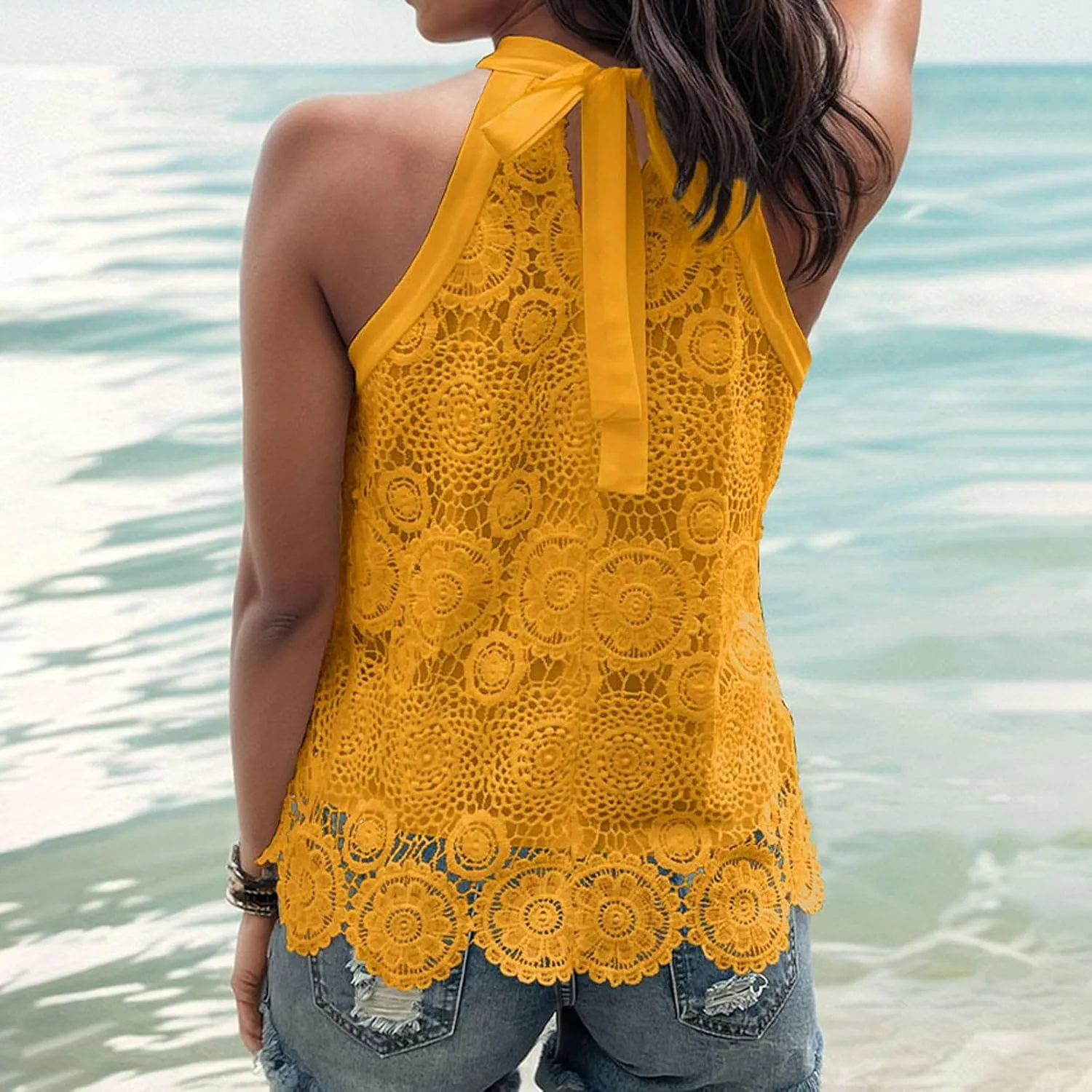 Womens Sleeveless Tops Lace Neck Blouse Solid Lace Crew Neck Tank Top Compression Women