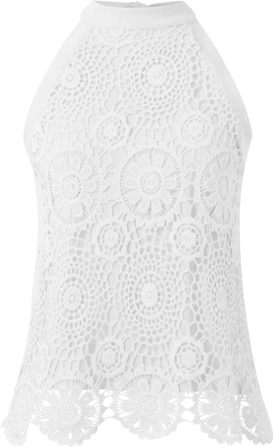 Womens Sleeveless Tops Lace Neck Blouse Solid Lace Crew Neck Tank Top Compression Women