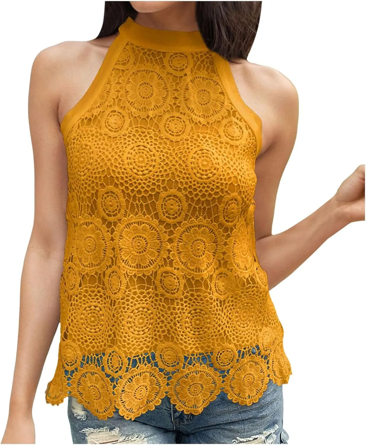 Womens Sleeveless Tops Lace Neck Blouse Solid Lace Crew Neck Tank Top Compression Women