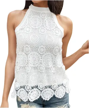 Womens Sleeveless Tops Lace Neck Blouse Solid Lace Crew Neck Tank Top Compression Women