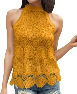 Womens Sleeveless Tops Lace Neck Blouse Solid Lace Crew Neck Tank Top Compression Women