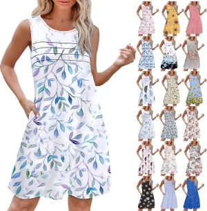 Women's Sleeveless Vest Dress 2025 Summer Casual Loose Sundresses Chest Pleated Beach Dresses with Pockets