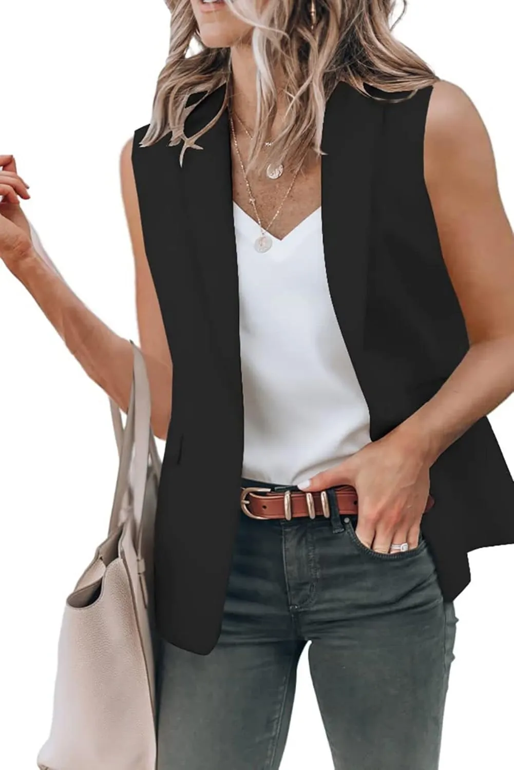 Women's Sleeveless Vest Top Casual Open Front Tees Loose Fit Trendy Fashion Blouse Lapel Office Blazer Jacket Pocket