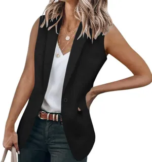 Women's Sleeveless Vest Top Casual Open Front Tees Loose Fit Trendy Fashion Blouse Lapel Office Blazer Jacket Pocket