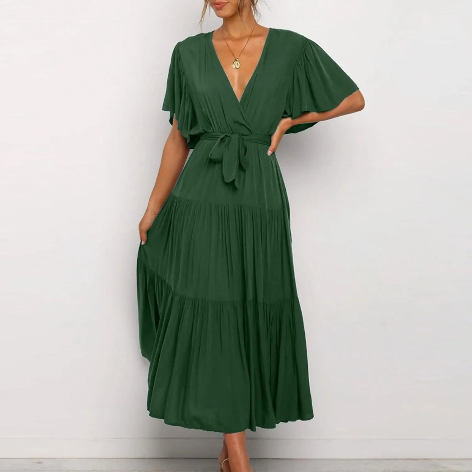 Women's Spring Dresses Summer 2025 Casual Loose Trendy Short Sleeve V-Neck Solid Color Flowy Maxi Dress, S-XL