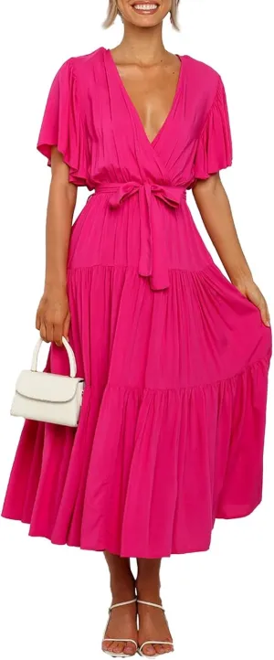 Women's Spring Dresses Summer 2025 Casual Loose Trendy Short Sleeve V-Neck Solid Color Flowy Maxi Dress, S-XL