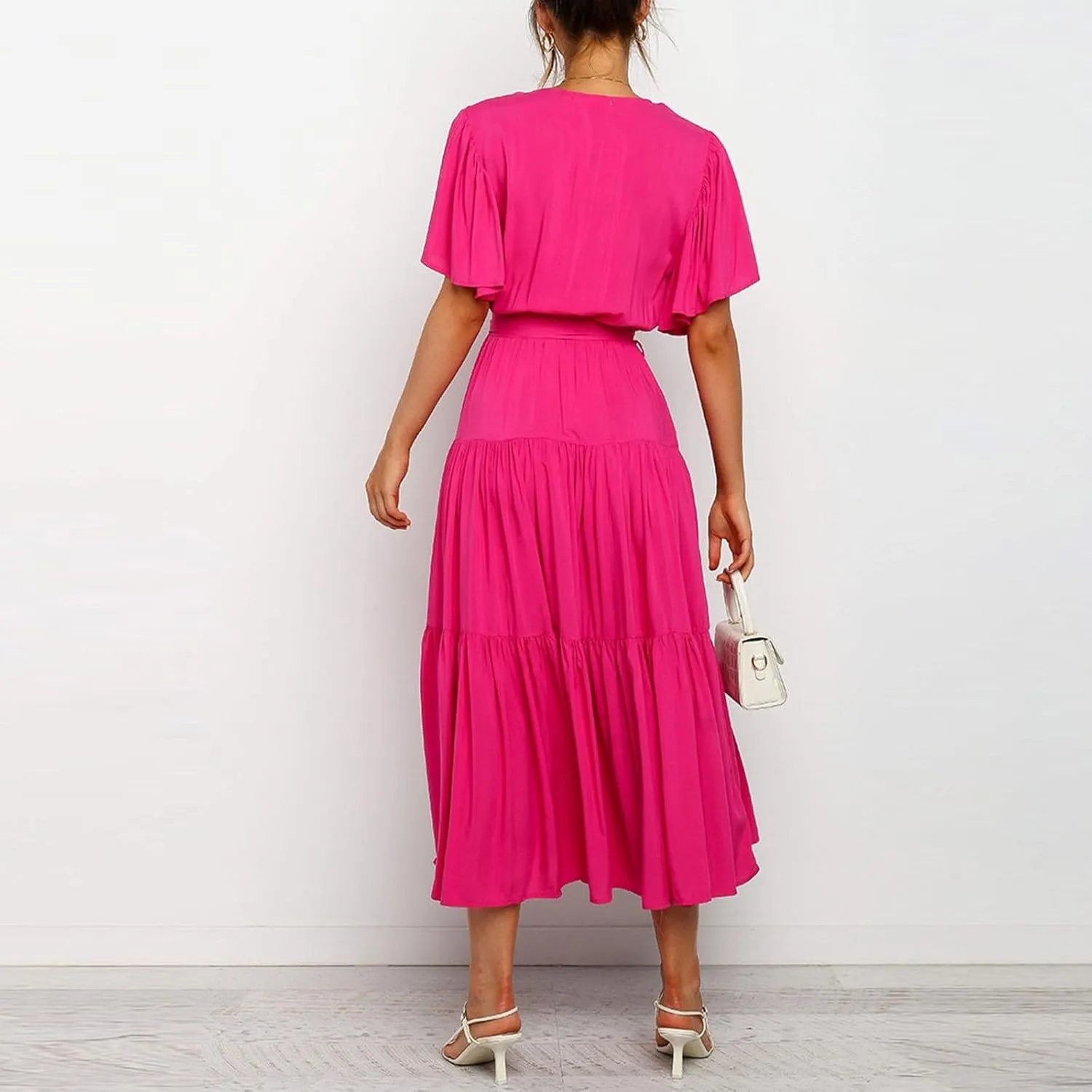 Women's Spring Dresses Summer 2025 Casual Loose Trendy Short Sleeve V-Neck Solid Color Flowy Maxi Dress, S-XL