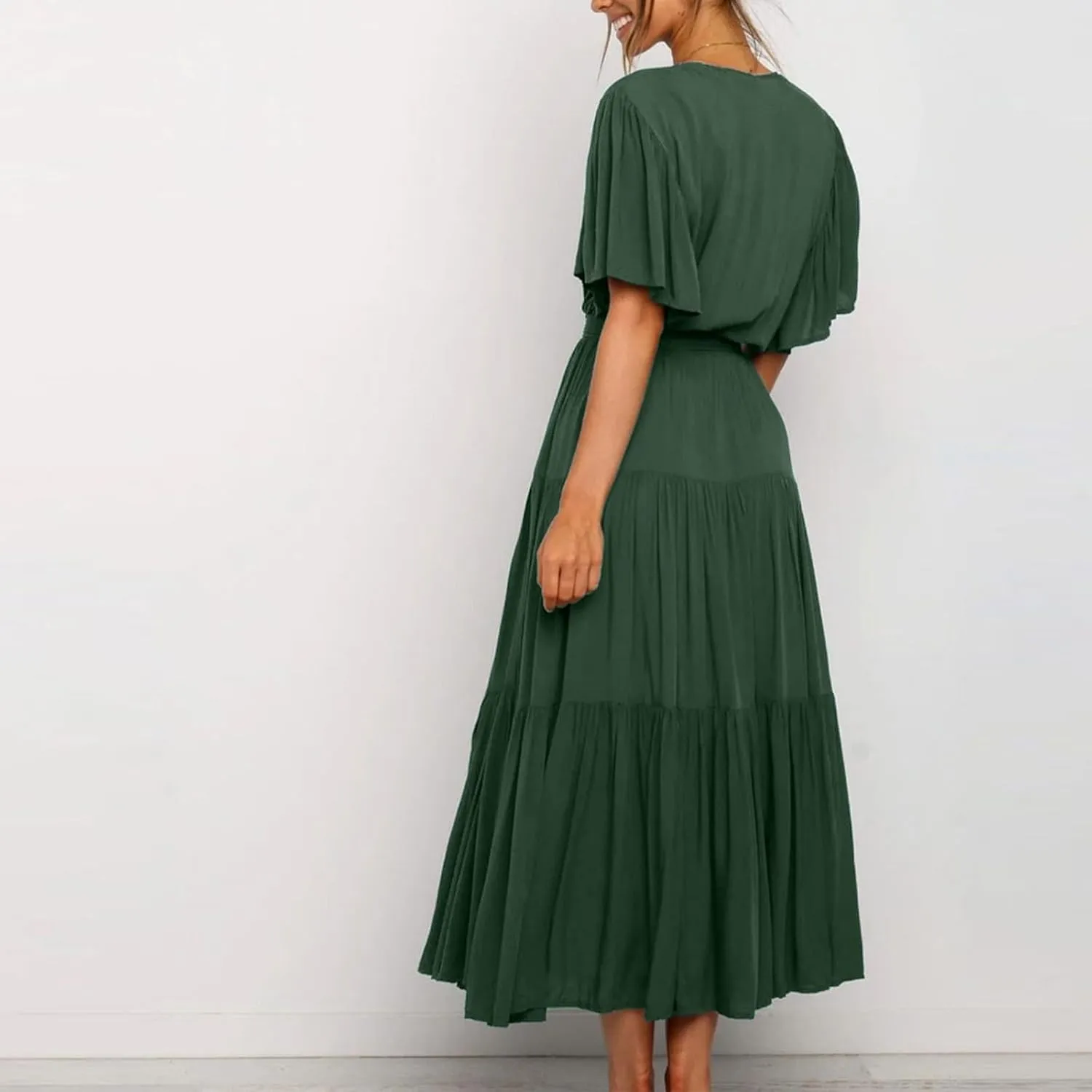 Women's Spring Dresses Summer 2025 Casual Loose Trendy Short Sleeve V-Neck Solid Color Flowy Maxi Dress, S-XL