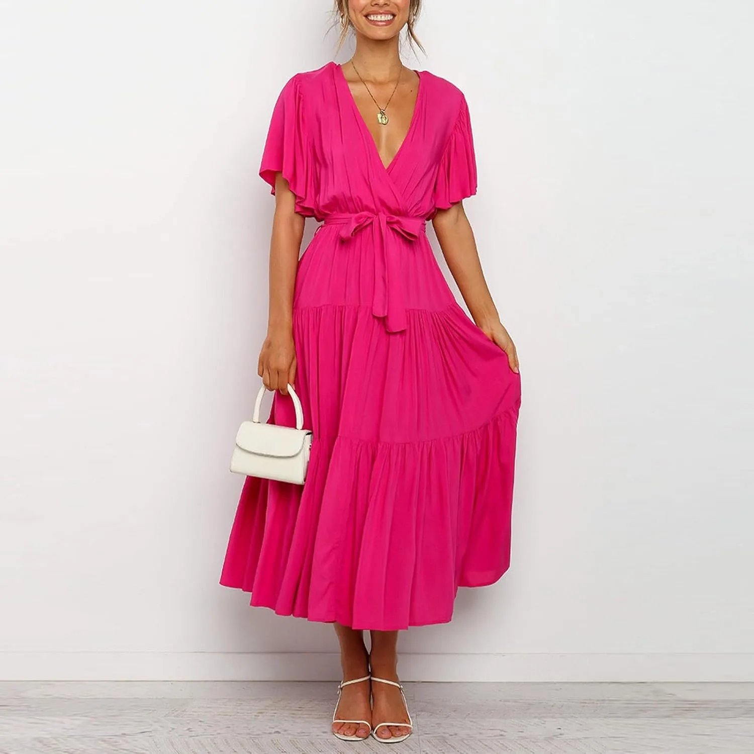 Women's Spring Dresses Summer 2025 Casual Loose Trendy Short Sleeve V-Neck Solid Color Flowy Maxi Dress, S-XL