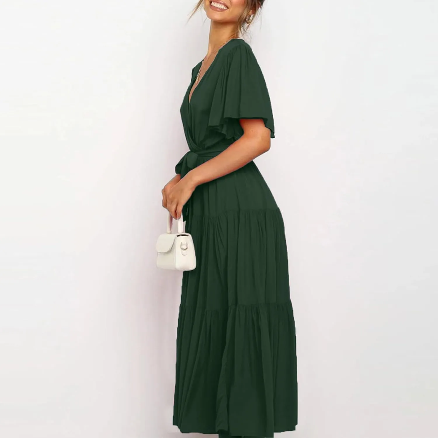 Women's Spring Dresses Summer 2025 Casual Loose Trendy Short Sleeve V-Neck Solid Color Flowy Maxi Dress, S-XL