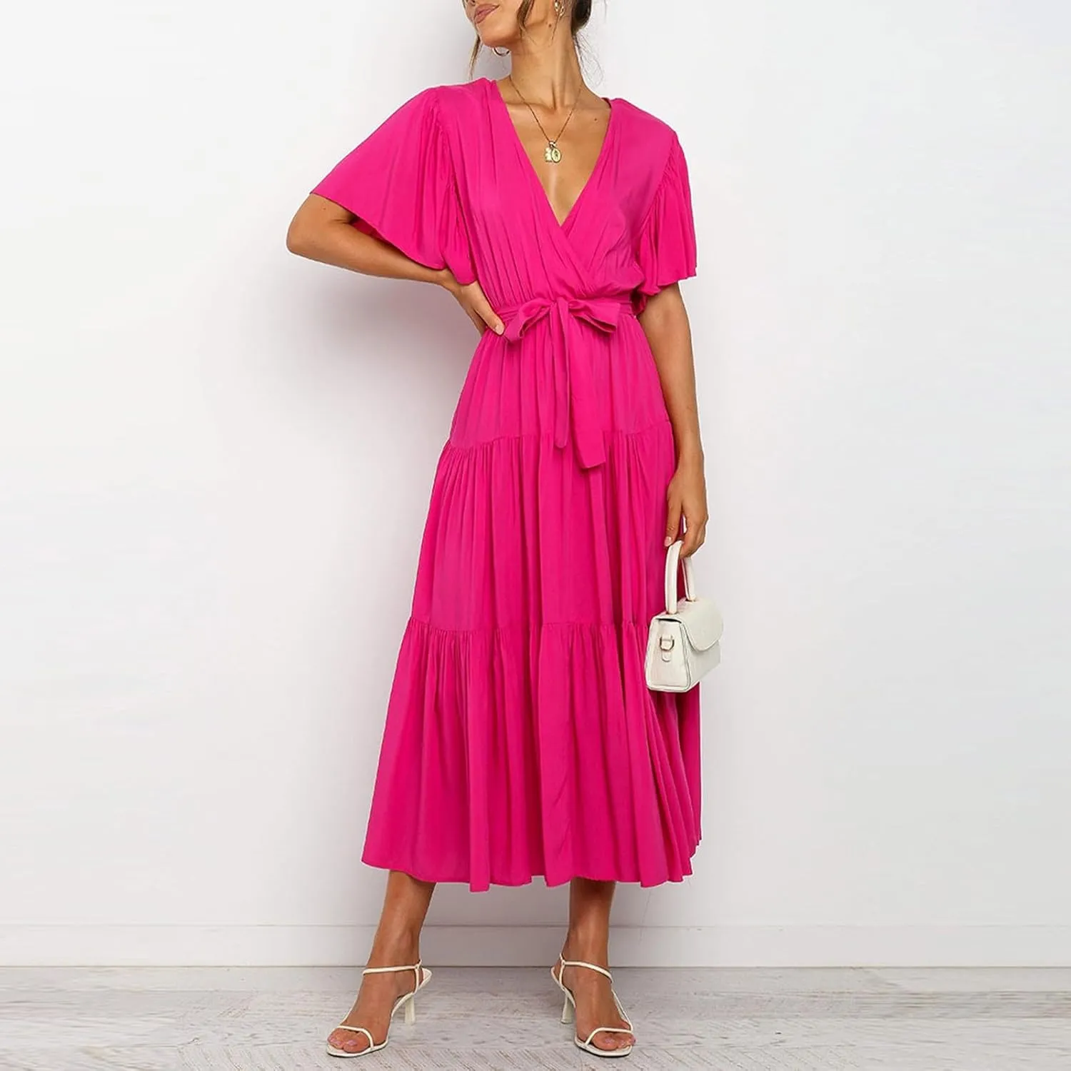 Women's Spring Dresses Summer 2025 Casual Loose Trendy Short Sleeve V-Neck Solid Color Flowy Maxi Dress, S-XL