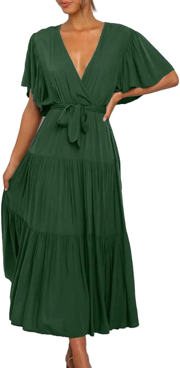 Women's Spring Dresses Summer 2025 Casual Loose Trendy Short Sleeve V-Neck Solid Color Flowy Maxi Dress, S-XL