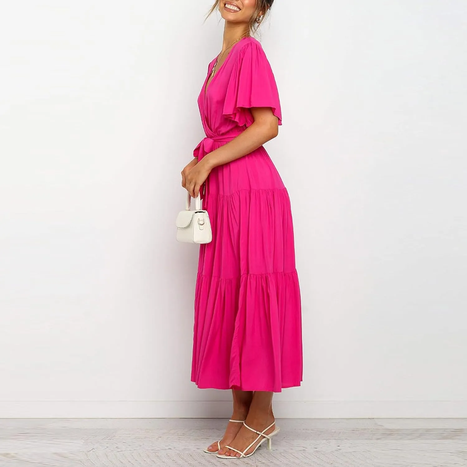 Women's Spring Dresses Summer 2025 Casual Loose Trendy Short Sleeve V-Neck Solid Color Flowy Maxi Dress, S-XL