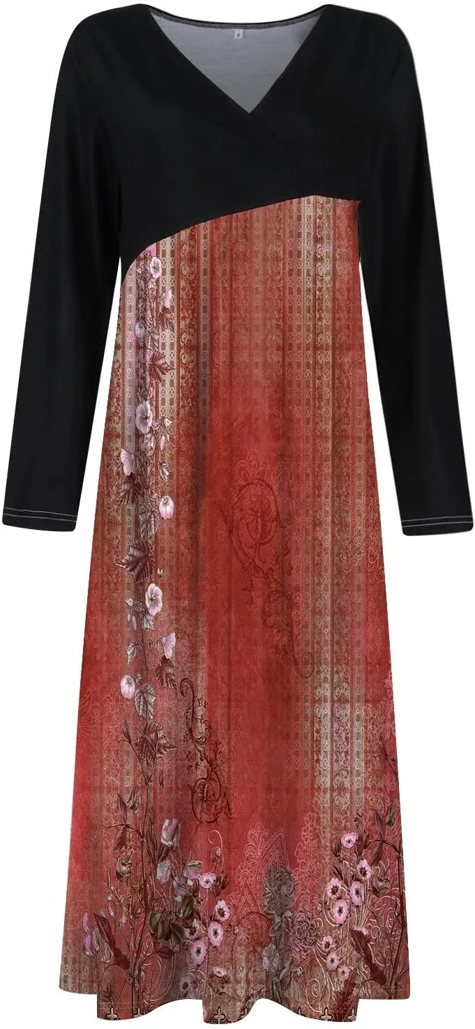 Womens Spring Fashion 2025 Dress Midi Long Sleeve V Neck Flowy Trendy Cute Work Western Loose Dress