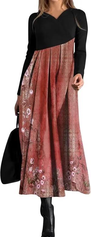 Womens Spring Fashion 2025 Dress Midi Long Sleeve V Neck Flowy Trendy Cute Work Western Loose Dress