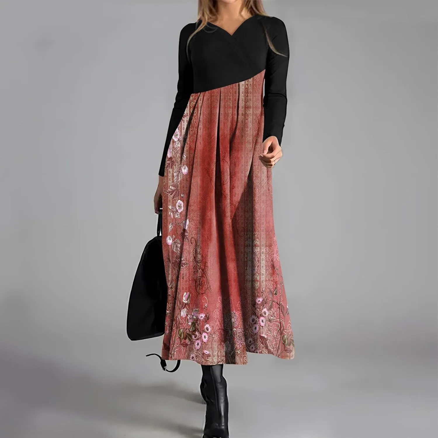 Womens Spring Fashion 2025 Dress Midi Long Sleeve V Neck Flowy Trendy Cute Work Western Loose Dress