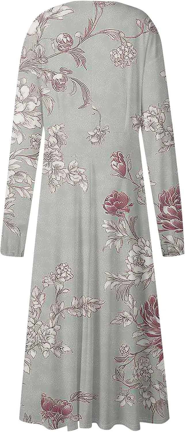 Womens Spring Fashion 2025 Dress V Neck Long Sleeve Midi Summer Cute Boho Vacation Loose Fitted Dress